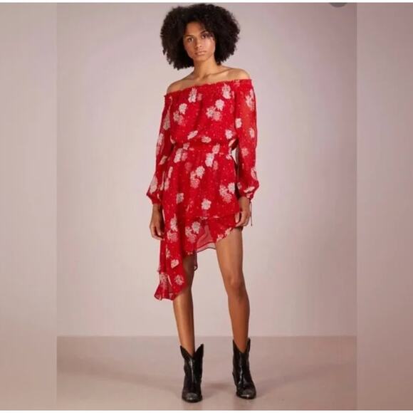 THE KOOPLES Rosie Blues Silk Midi Dress Off Shoulder Red Floral {P8} - Picture 1 of 13